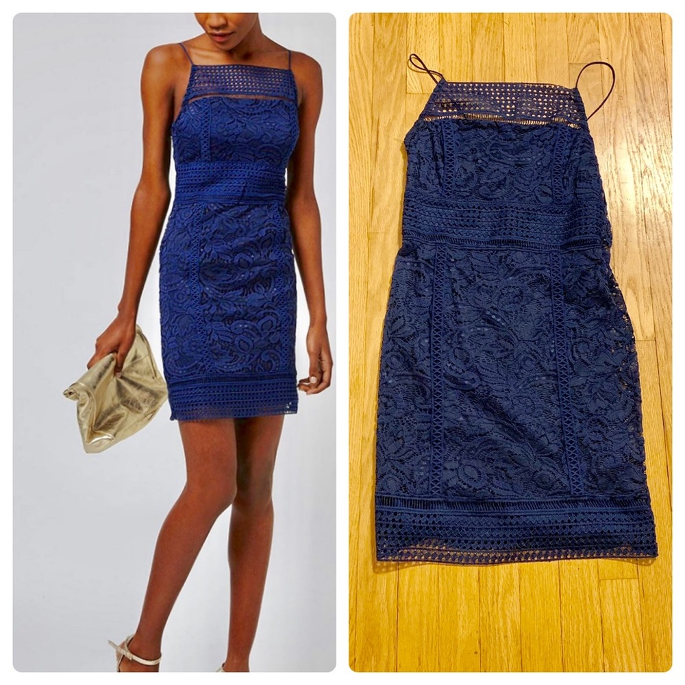 TOPSHOP Blue Lace Strappy Sheath, Size 8